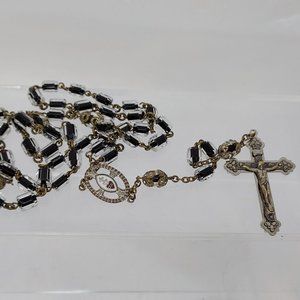 Vintage Black and white glass bead Rosary in original box by DTC